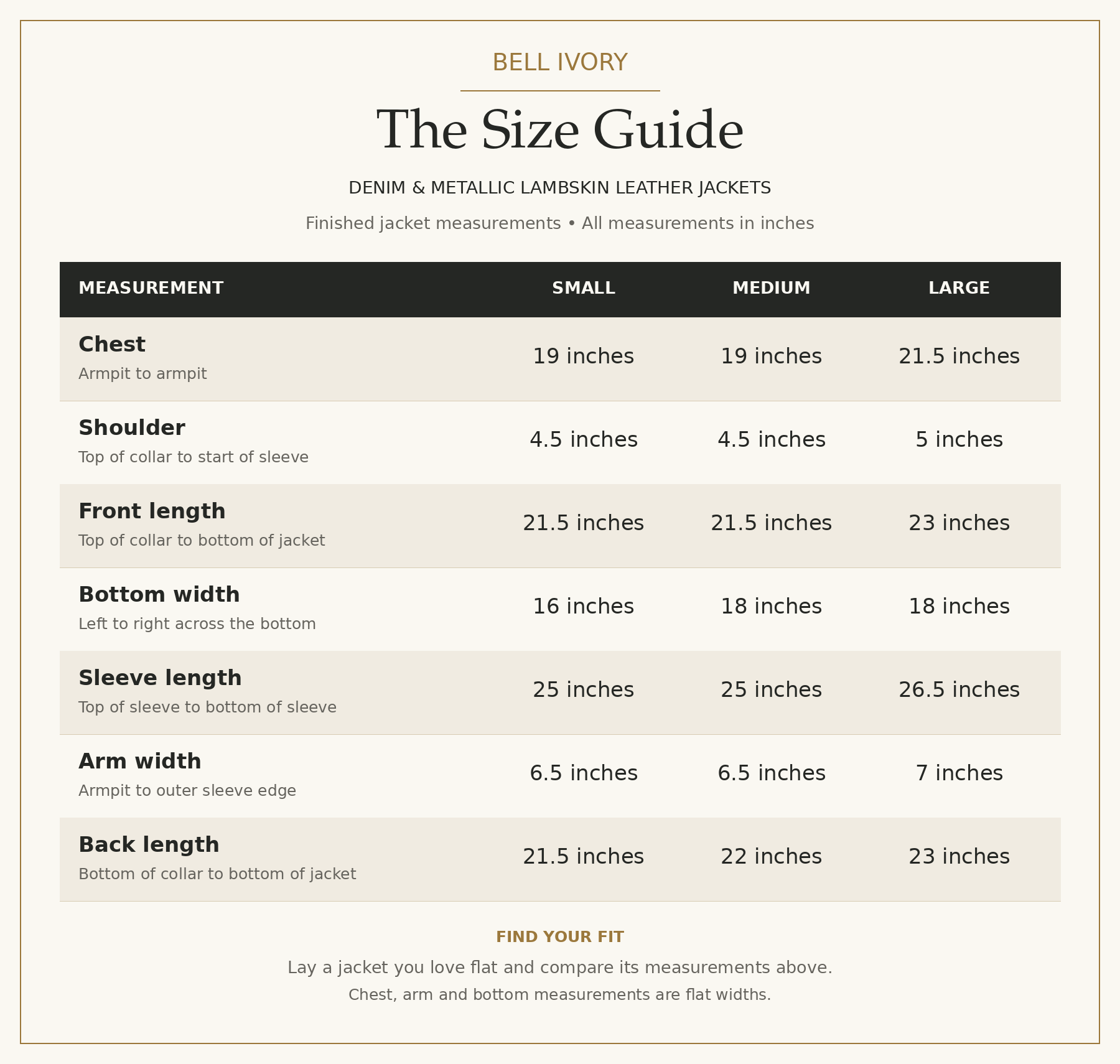 Bell Ivory size guide chart showing Small, Medium and Large measurements in inches