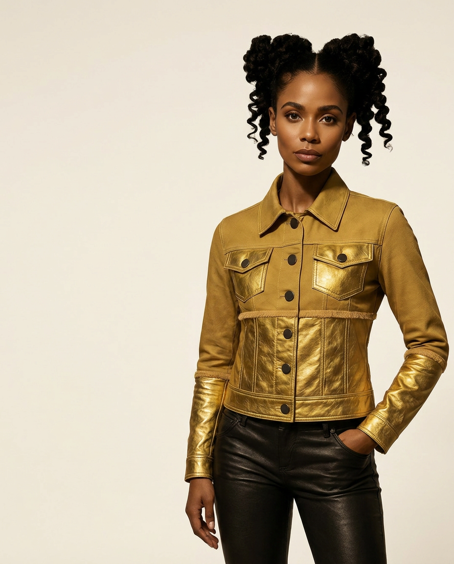 Model wearing the Bell Ivory gold metallic lambskin denim jacket