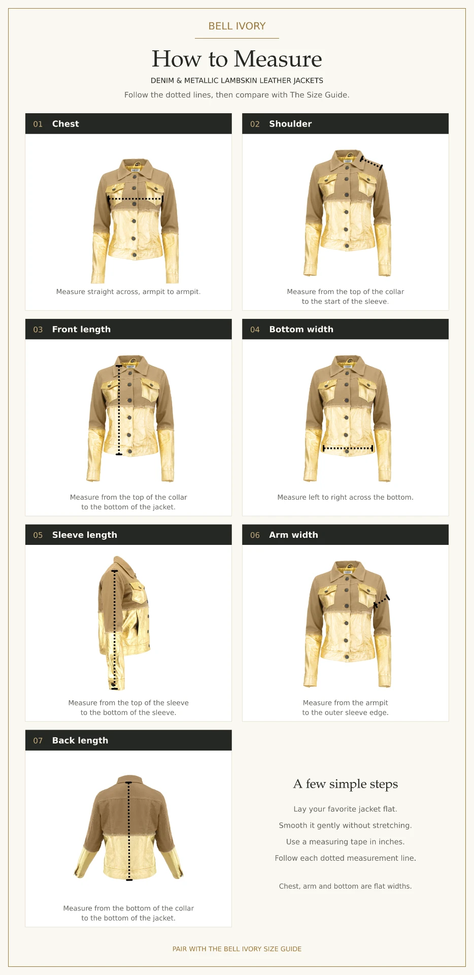 How to measure a Bell Ivory jacket: chest, shoulder, front length, bottom width, sleeve length, arm width and back length