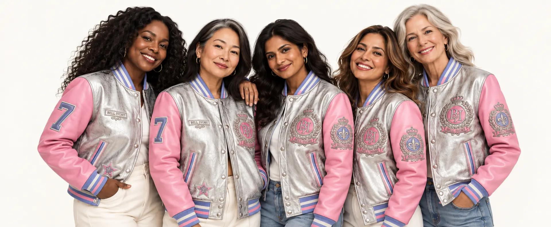 Five women wearing custom Bell Ivory silver and pink varsity jackets
